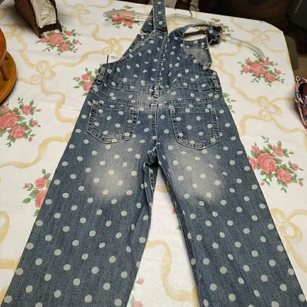New Osh Kosh Blue Denim White Polka Dot Bib Overalls Girl's 5T